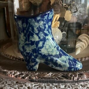 Antique Blue Calico Boot Vase